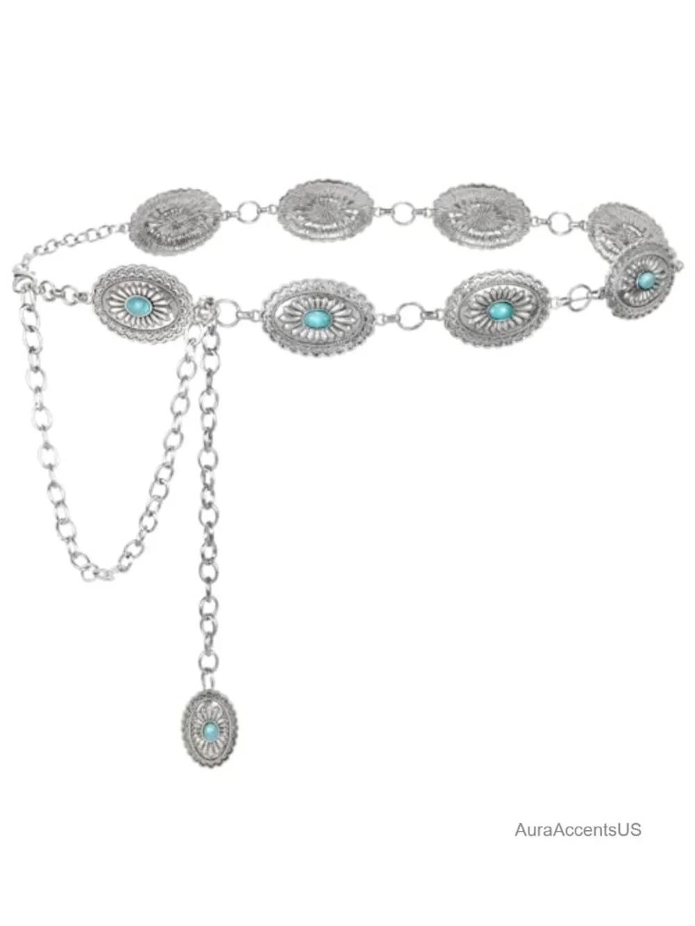 Western Chain Belt for Women Cowgirl Concho Country Turquoise Fashion Waist Belt